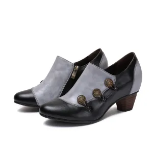CrazycatZ Leather Pumps,Womens Colorful Vintage Block Heel Oxford Vintage Shoes Pumps Buttoned Deco Grey