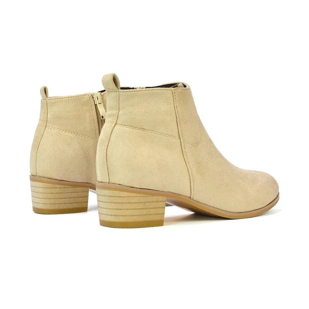 Melodie Zip Up Cowboy Ankle Boots With Low Block Heel in Beige