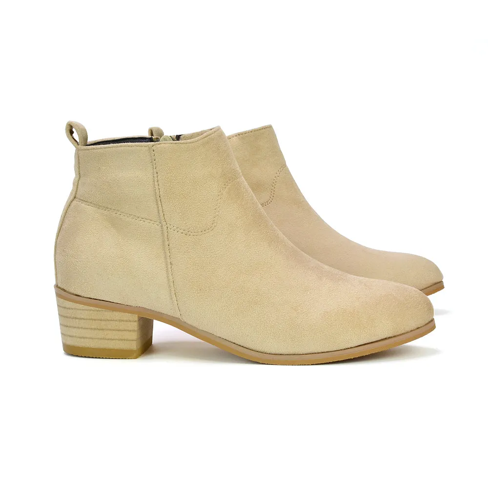 Melodie Zip Up Cowboy Ankle Boots With Low Block Heel in Beige