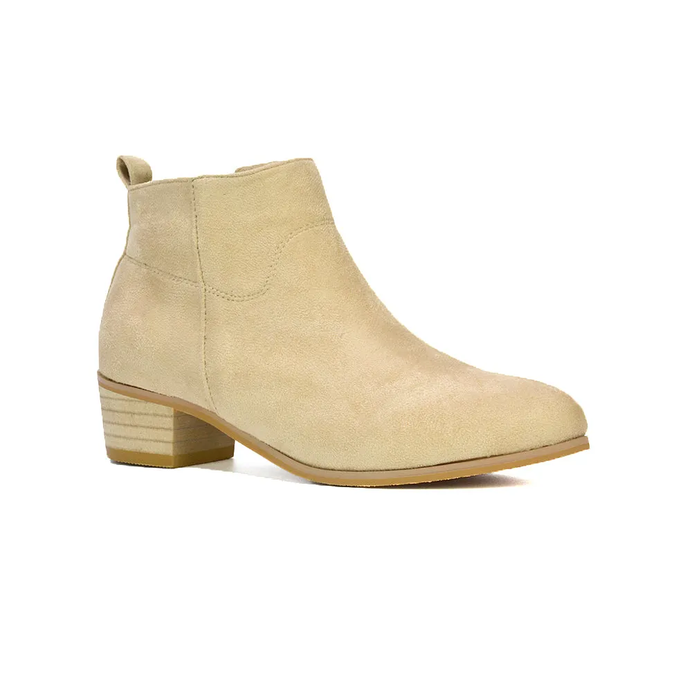 Melodie Zip Up Cowboy Ankle Boots With Low Block Heel in Beige
