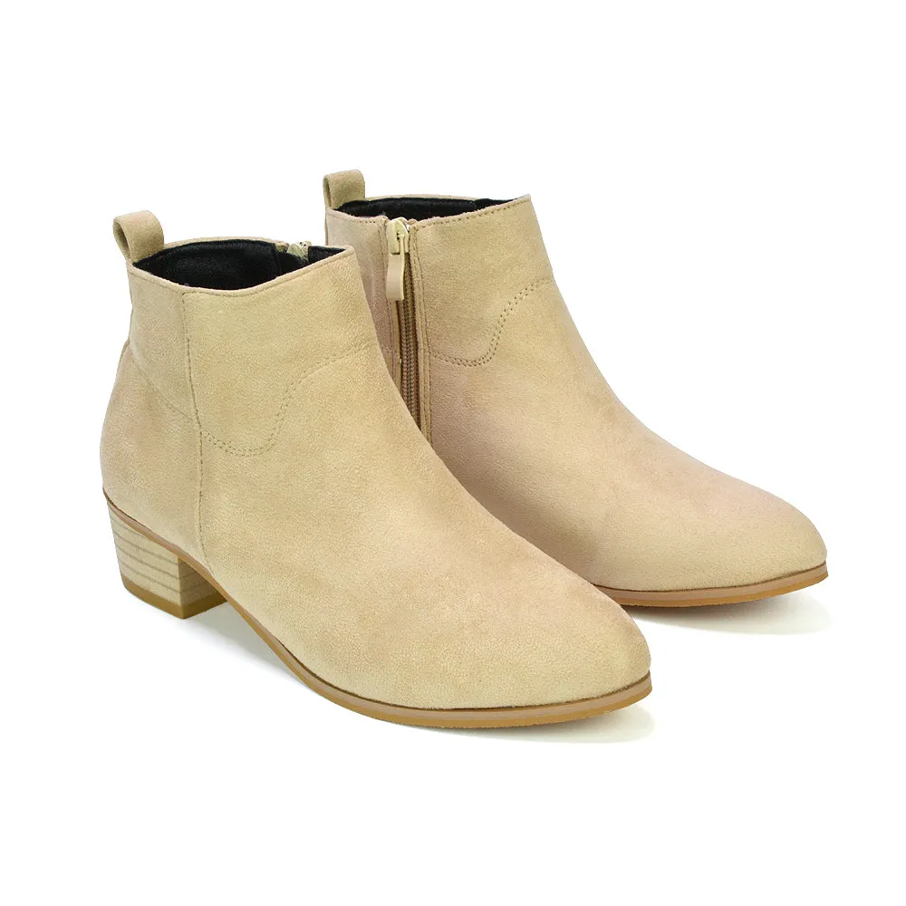 Melodie Zip Up Cowboy Ankle Boots With Low Block Heel in Beige