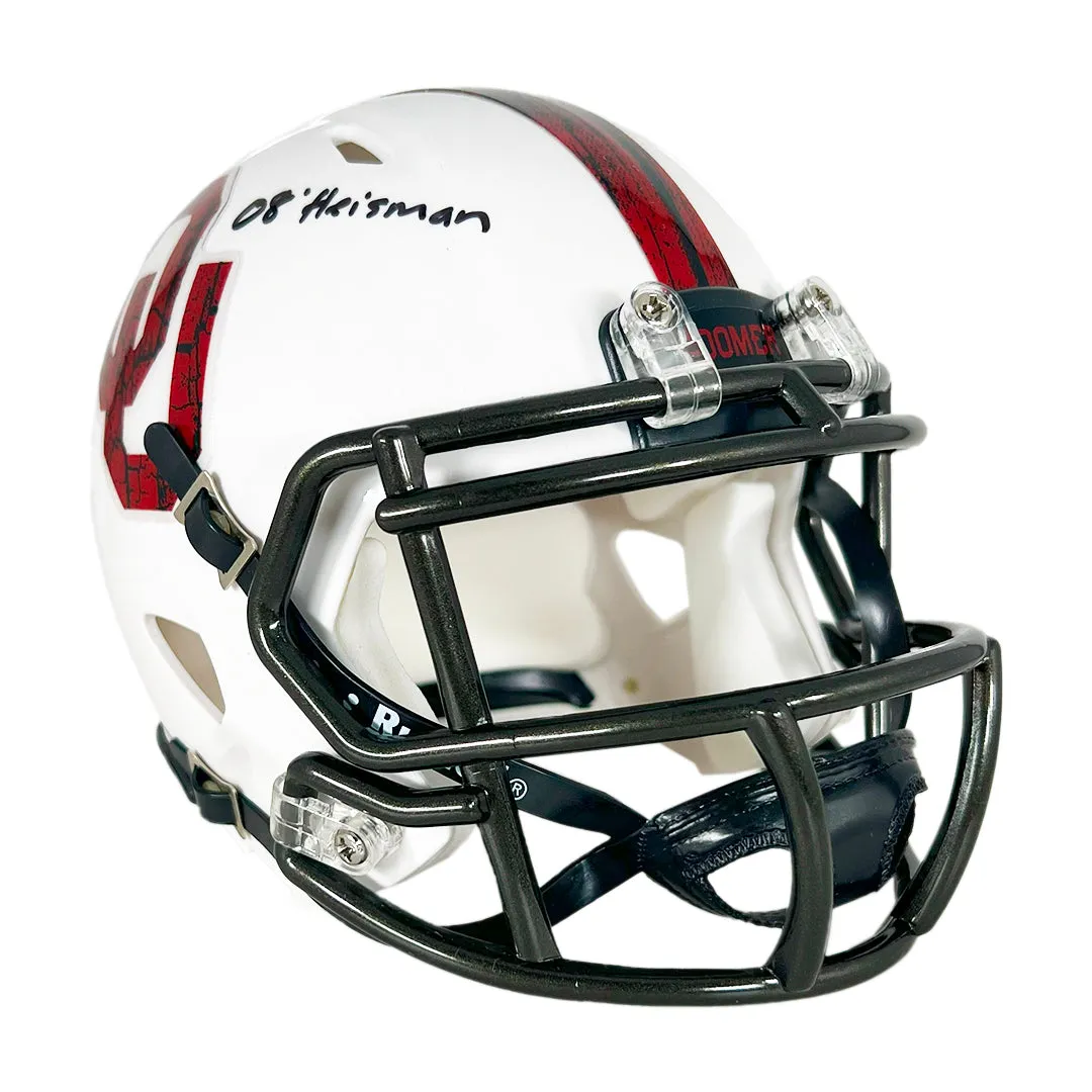 Sam Bradford Signed 08 Heisman Inscription Oklahoma Sooners White Speed Mini Football Helmet (Beckett)