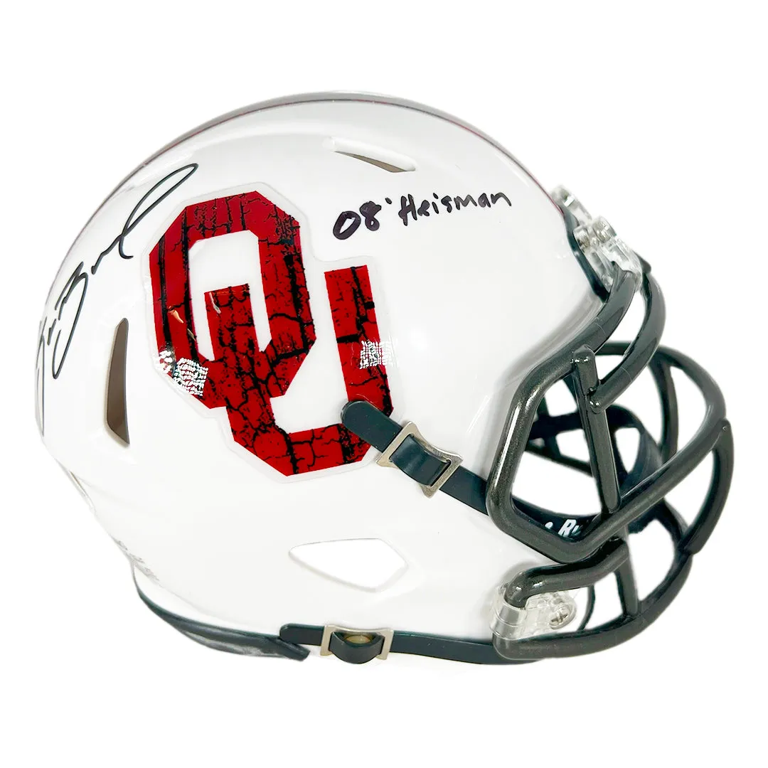 Sam Bradford Signed 08 Heisman Inscription Oklahoma Sooners White Speed Mini Football Helmet (Beckett)
