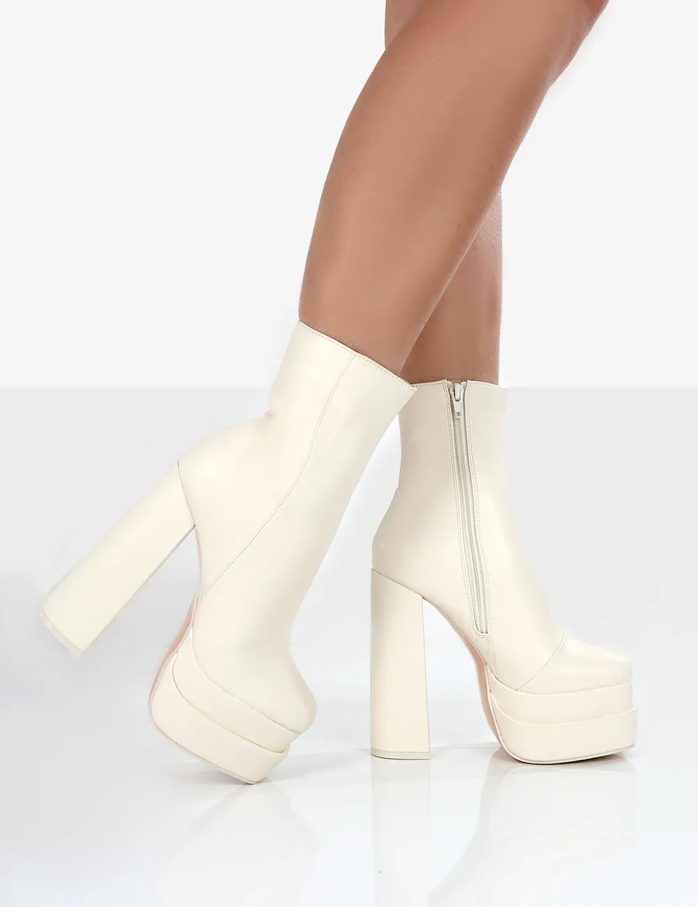 Supine Ecru PU Chunky Platform High Heeled Ankle Boots