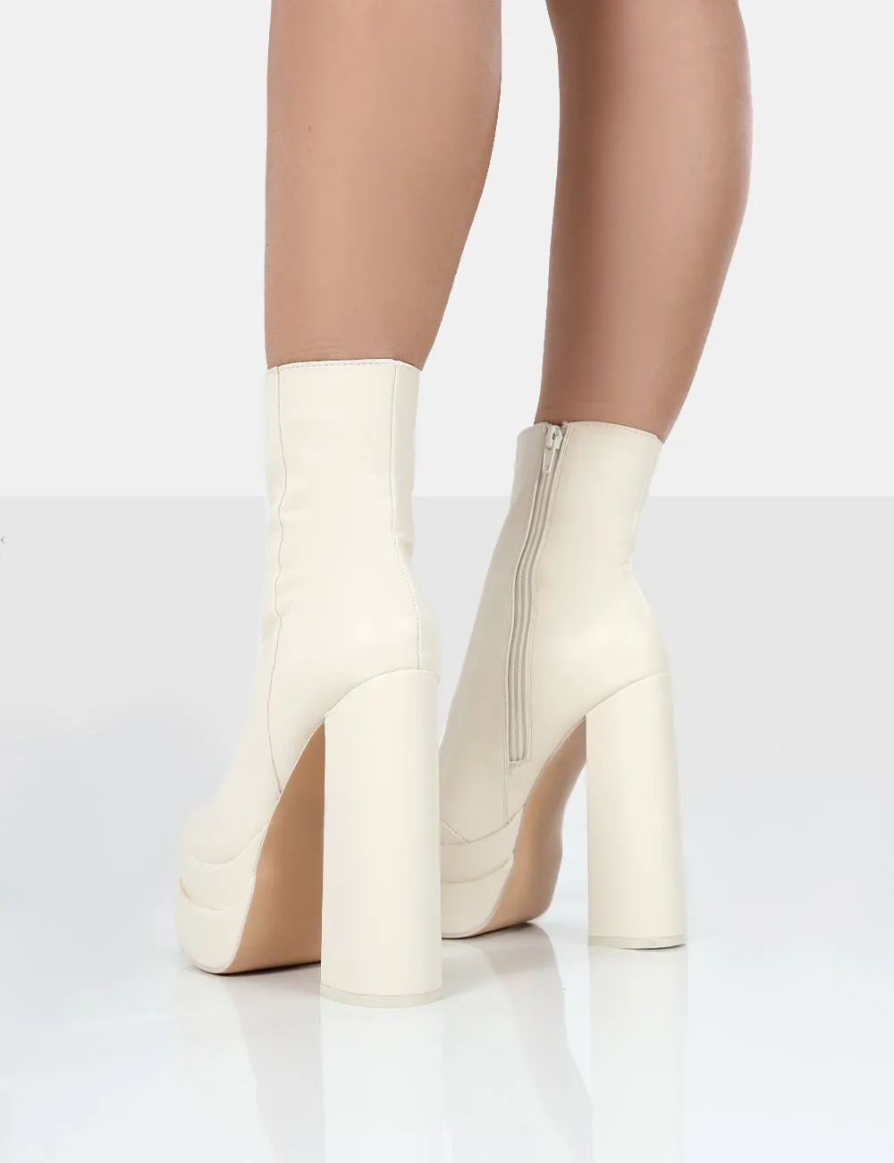 Supine Ecru PU Chunky Platform High Heeled Ankle Boots