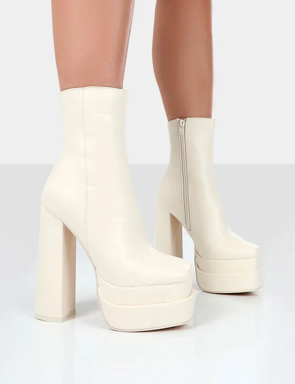 Supine Ecru PU Chunky Platform High Heeled Ankle Boots