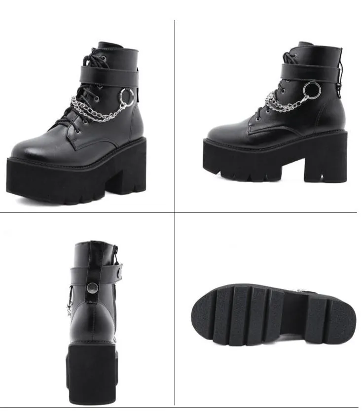Women's black thick platform metal décor punk booties buckle strap zipper boots