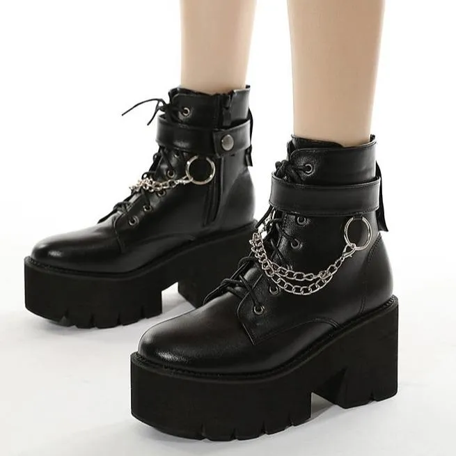 Women's black thick platform metal décor punk booties buckle strap zipper boots