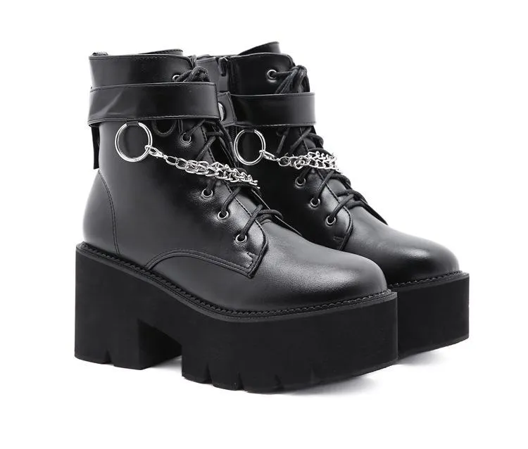 Women's black thick platform metal décor punk booties buckle strap zipper boots