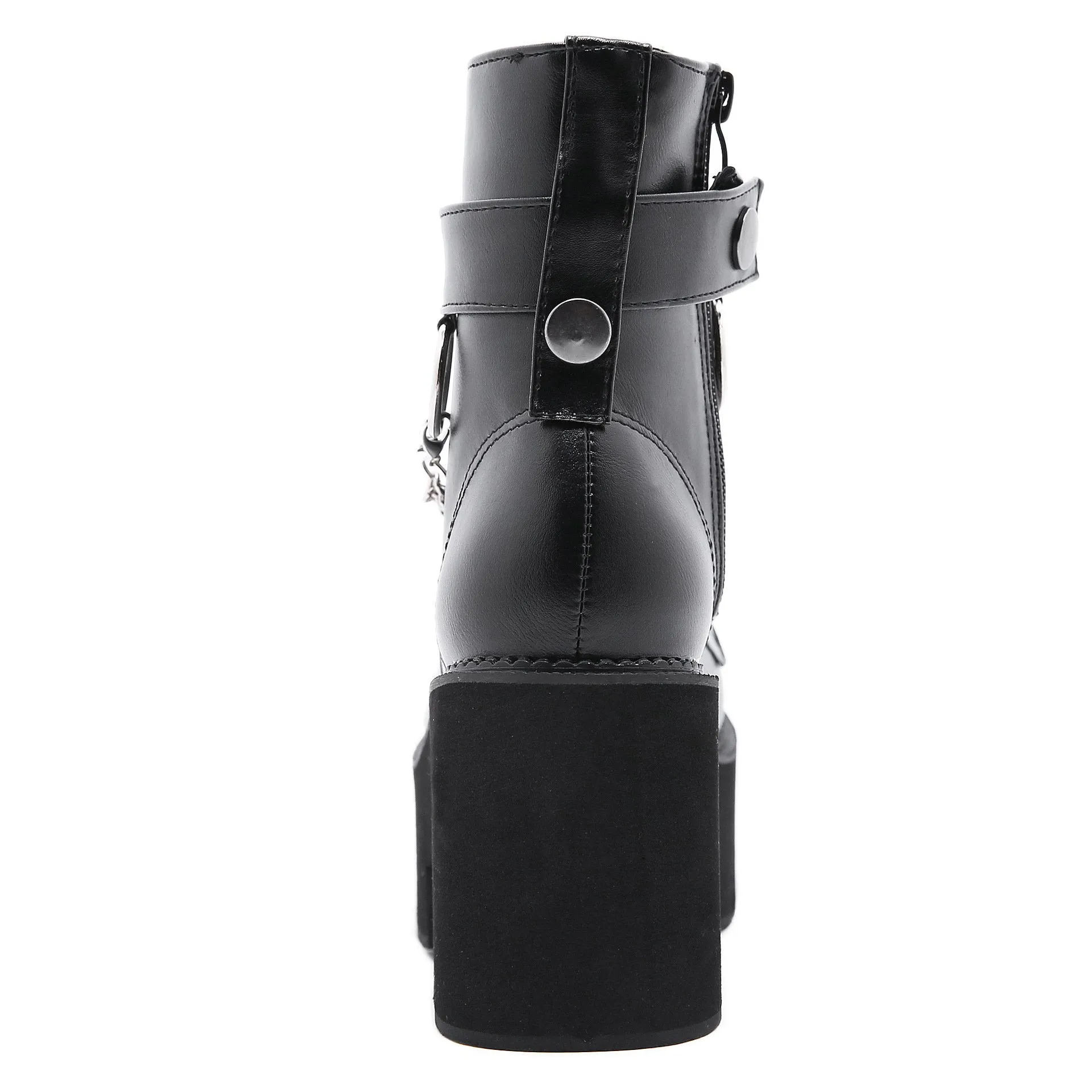 Women's black thick platform metal décor punk booties buckle strap zipper boots