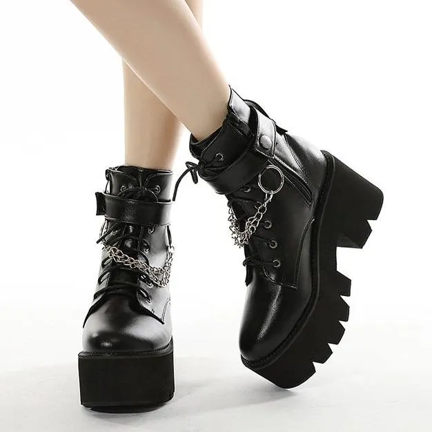 Women's black thick platform metal décor punk booties buckle strap zipper boots