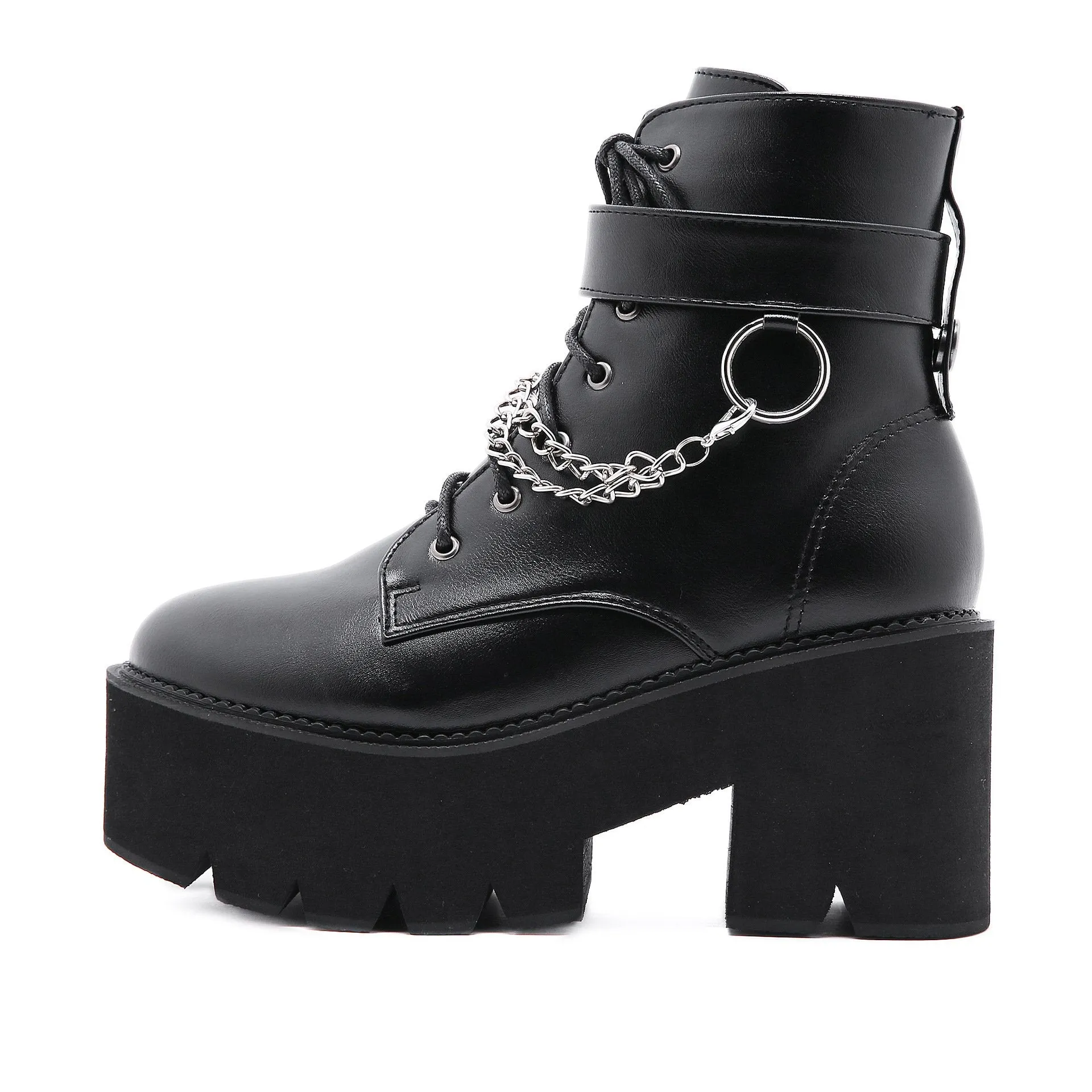 Women's black thick platform metal décor punk booties buckle strap zipper boots