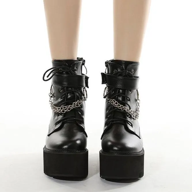 Women's black thick platform metal décor punk booties buckle strap zipper boots