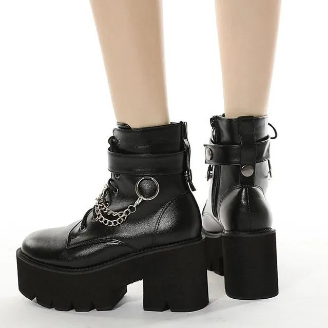 Women's black thick platform metal décor punk booties buckle strap zipper boots