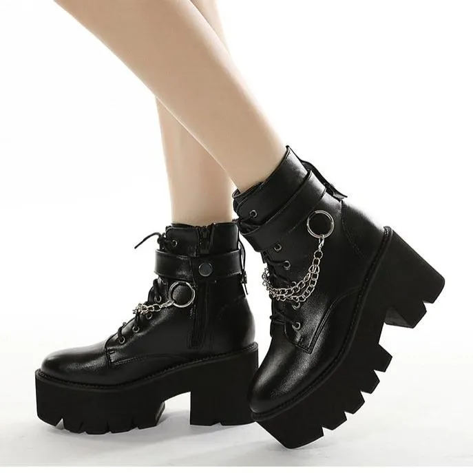 Women's black thick platform metal décor punk booties buckle strap zipper boots