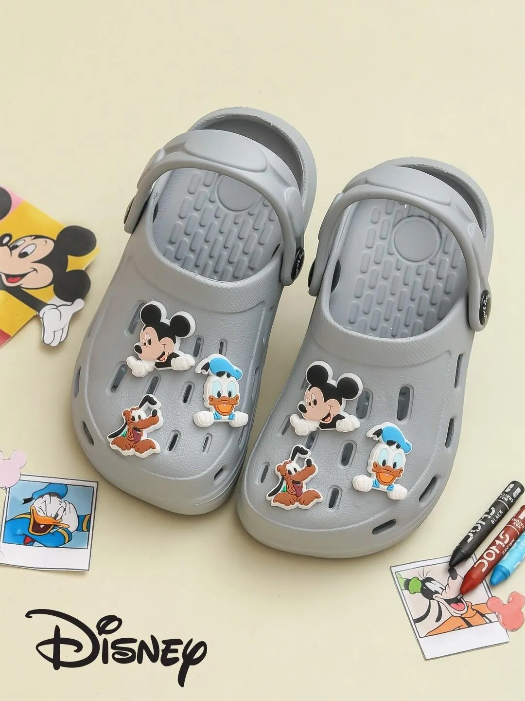 Yellow Bee Boys’ Disney Clogs with Mickey Mouse, Donald Duck & Pluto Charms – Grey