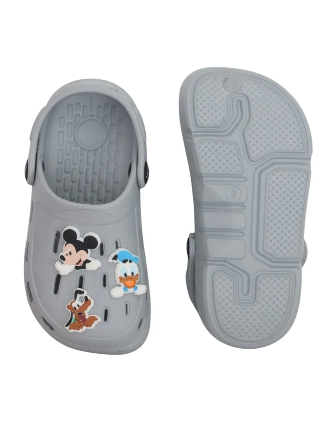 Yellow Bee Boys’ Disney Clogs with Mickey Mouse, Donald Duck & Pluto Charms – Grey