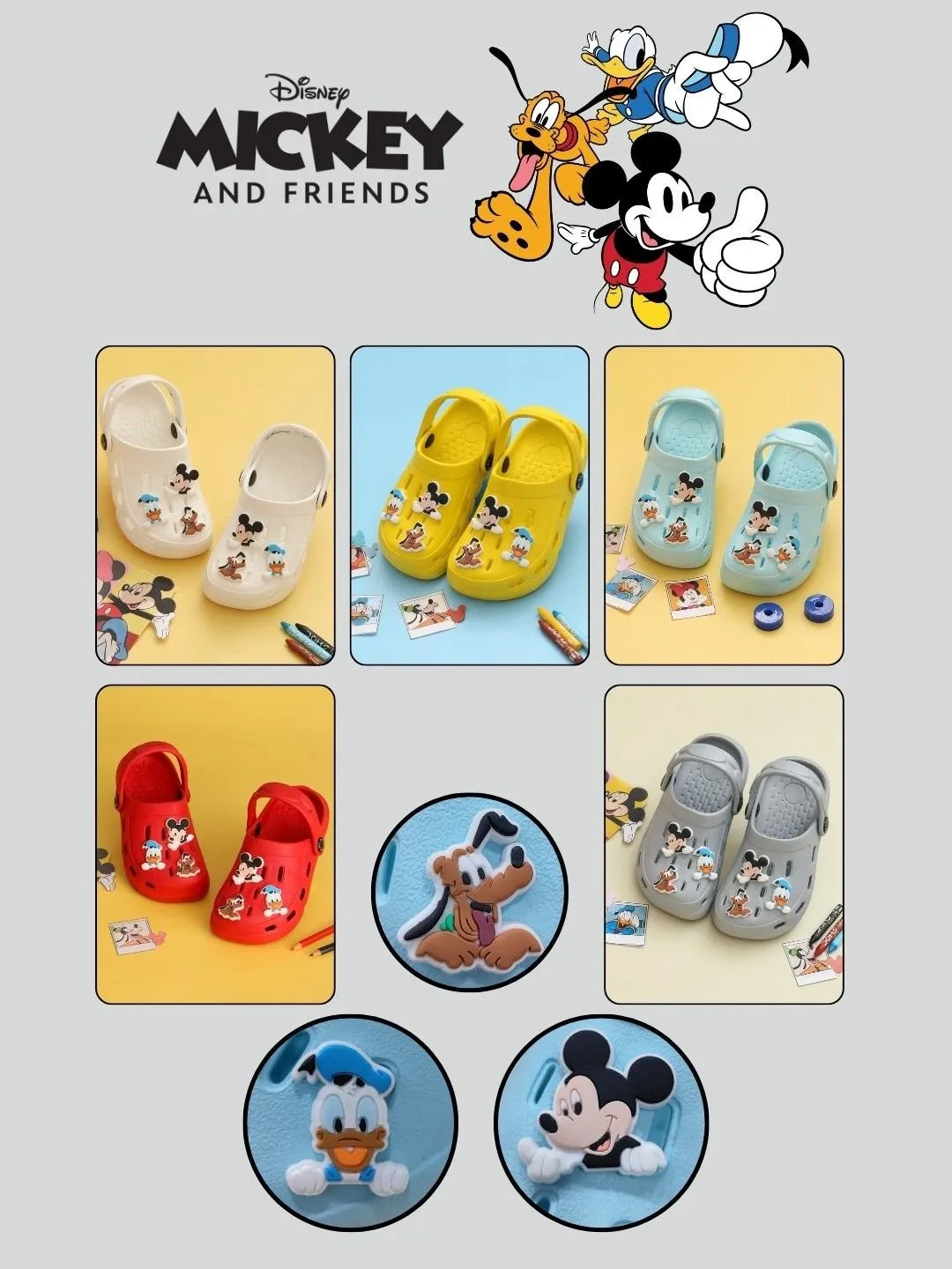 Yellow Bee Boys’ Disney Clogs with Mickey Mouse, Donald Duck & Pluto Charms – Grey