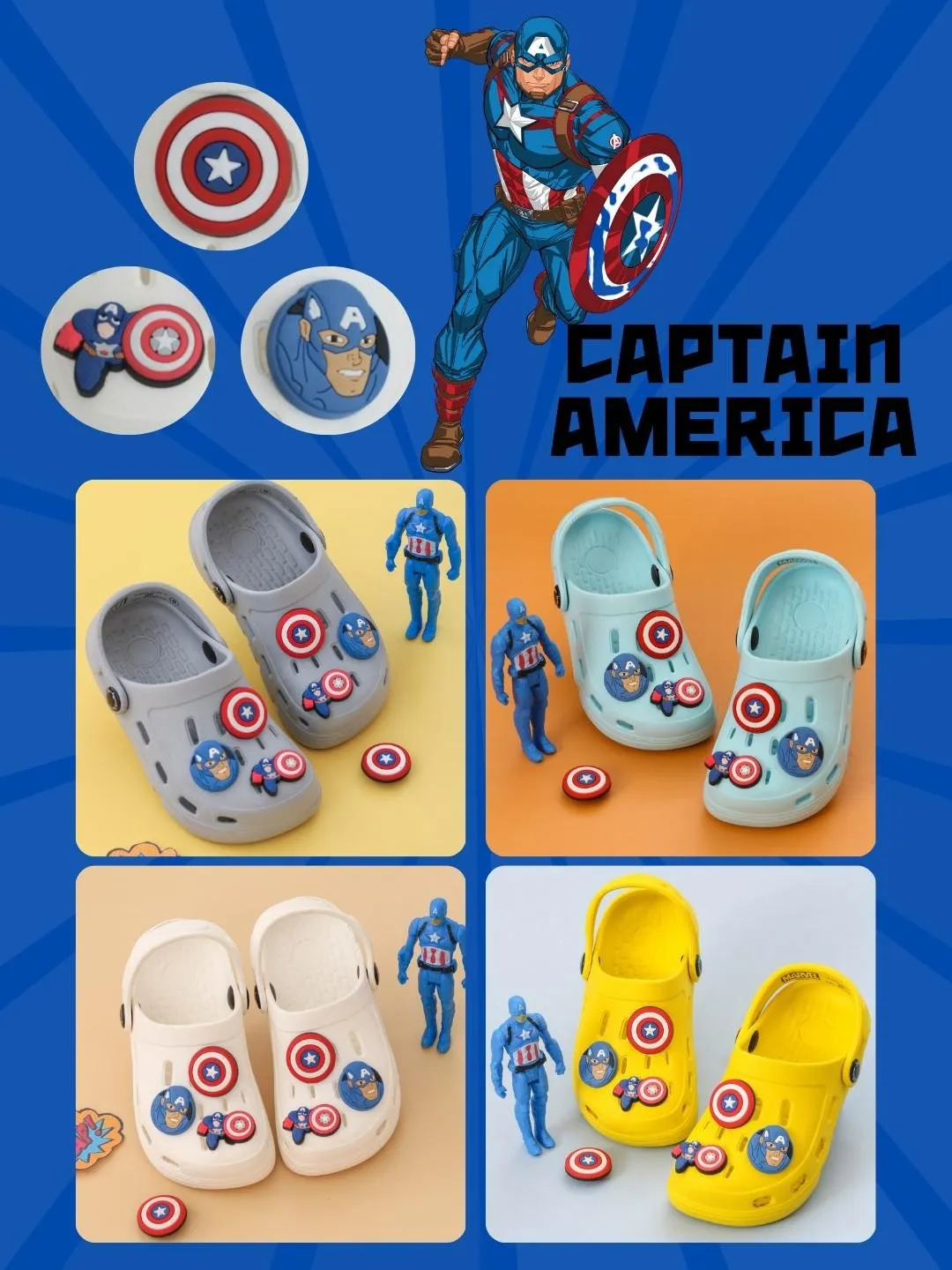 Yellow Bee Boys’ Marvel Captain America Clogs with Shield & Character Charms – White