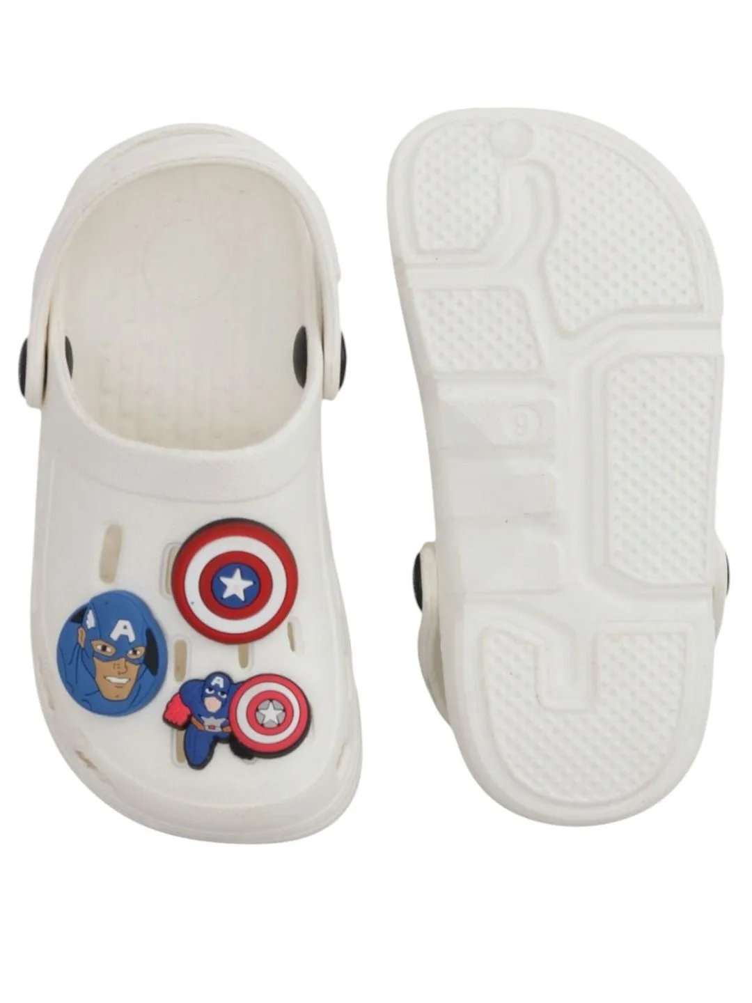Yellow Bee Boys’ Marvel Captain America Clogs with Shield & Character Charms – White