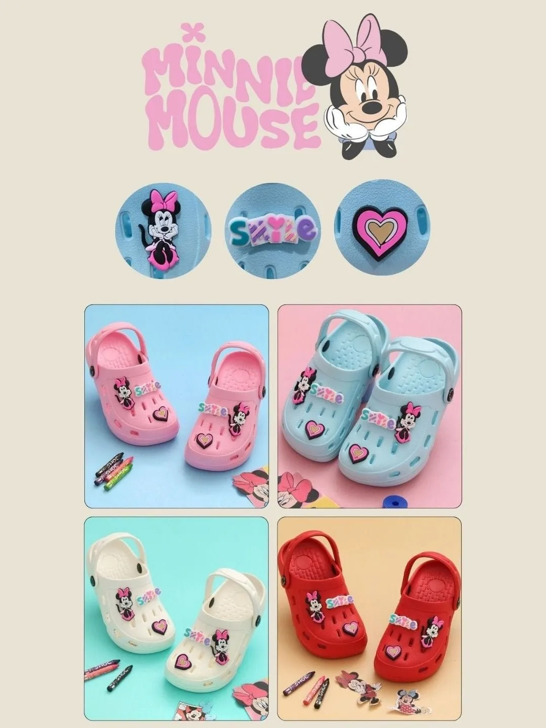 Yellow Bee Girls’ Disney Minnie Mouse Clogs with Smile & Heart Charms – Pink