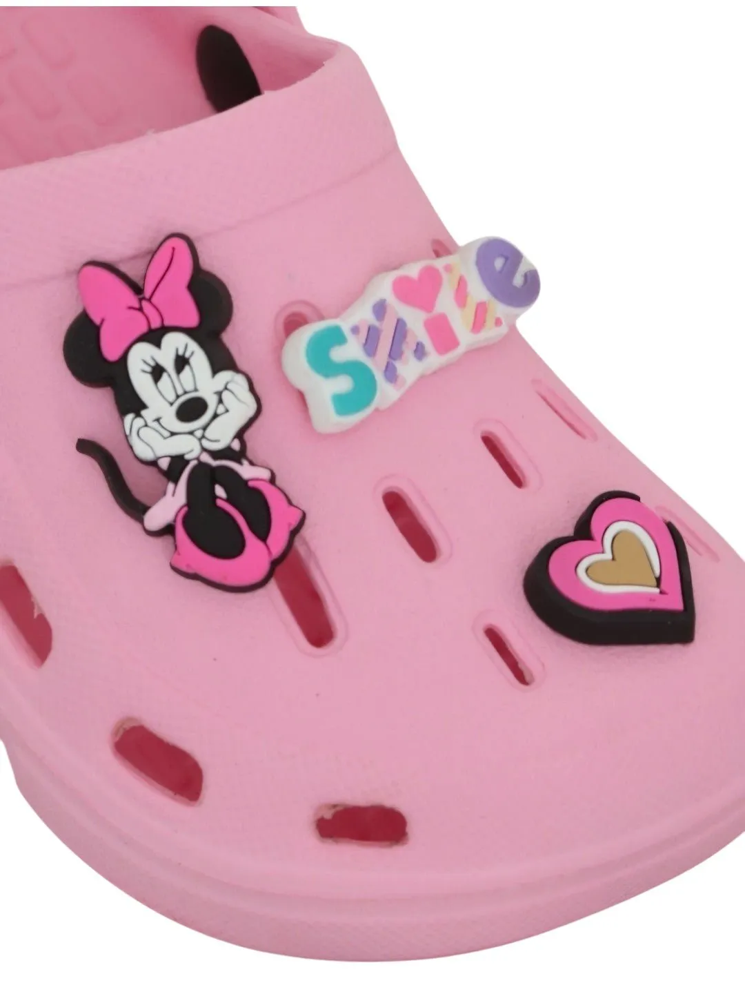 Yellow Bee Girls’ Disney Minnie Mouse Clogs with Smile & Heart Charms – Pink