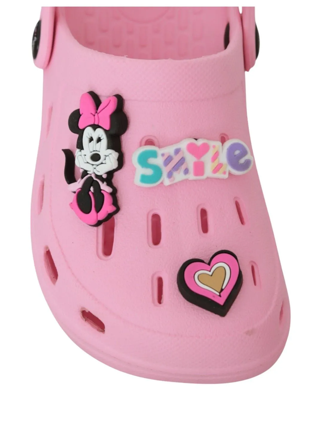 Yellow Bee Girls’ Disney Minnie Mouse Clogs with Smile & Heart Charms – Pink